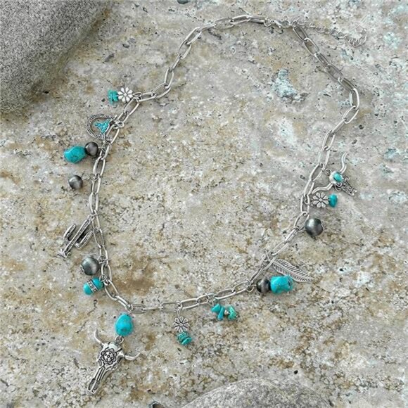 Layered Western Necklaces Talia Turquoise Layered Necklace Boho Cowboy Charms - Picture 7 of 8